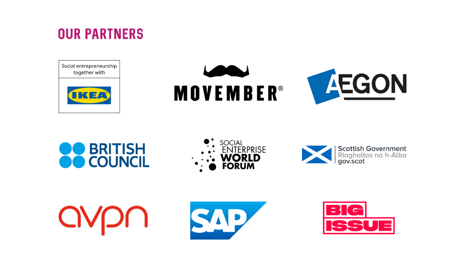 Logo compilation of organisations we have worked with, logo left to right: IKEA, Movember, Aegon, British Council, Social Enterprise World Forum,Scottish Government, AVPN, SAP, The Big Issue
